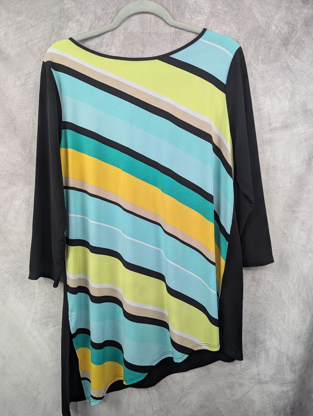 Susan Graver Liquid Knit Striped Asymmetric Tunic Top Aqua Lime Black Large